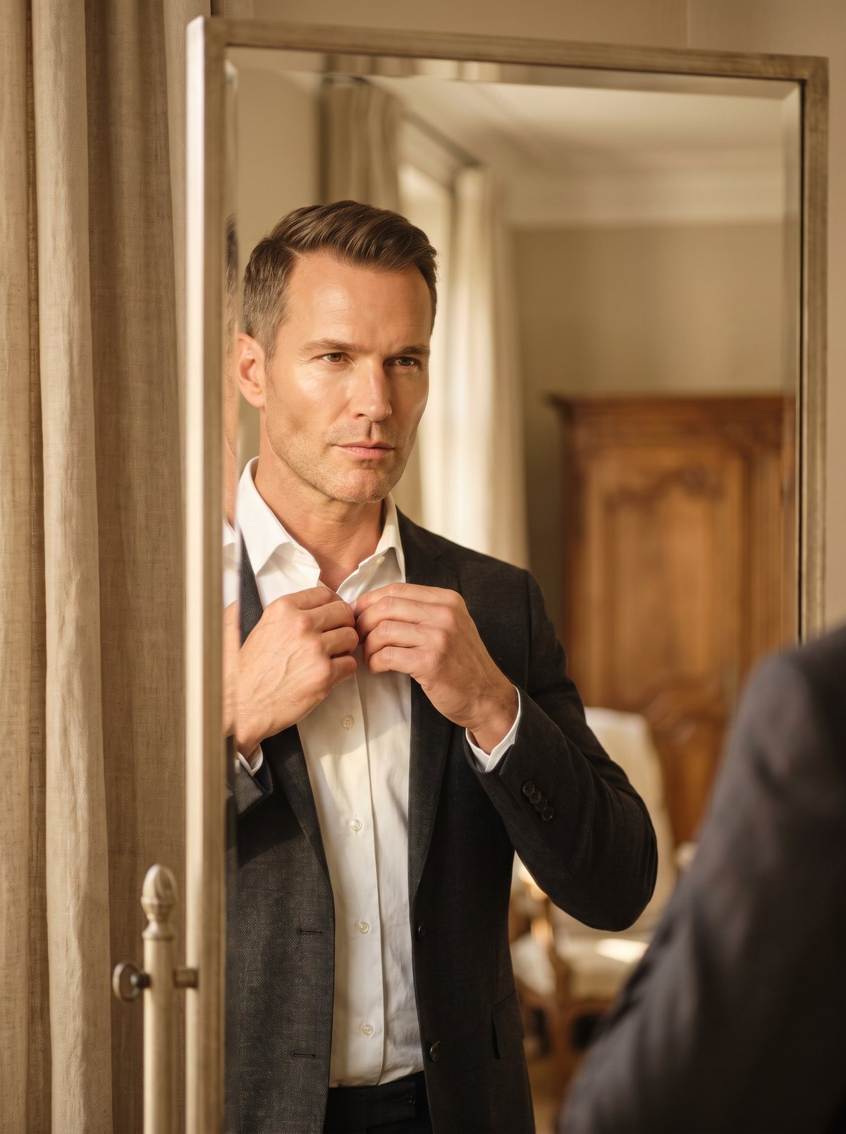 A man in his forties fastening a collar in front of a mirror