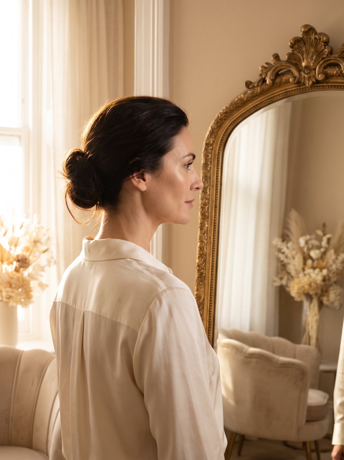 A woman considering her own reflection in a tall mirror at the clinic