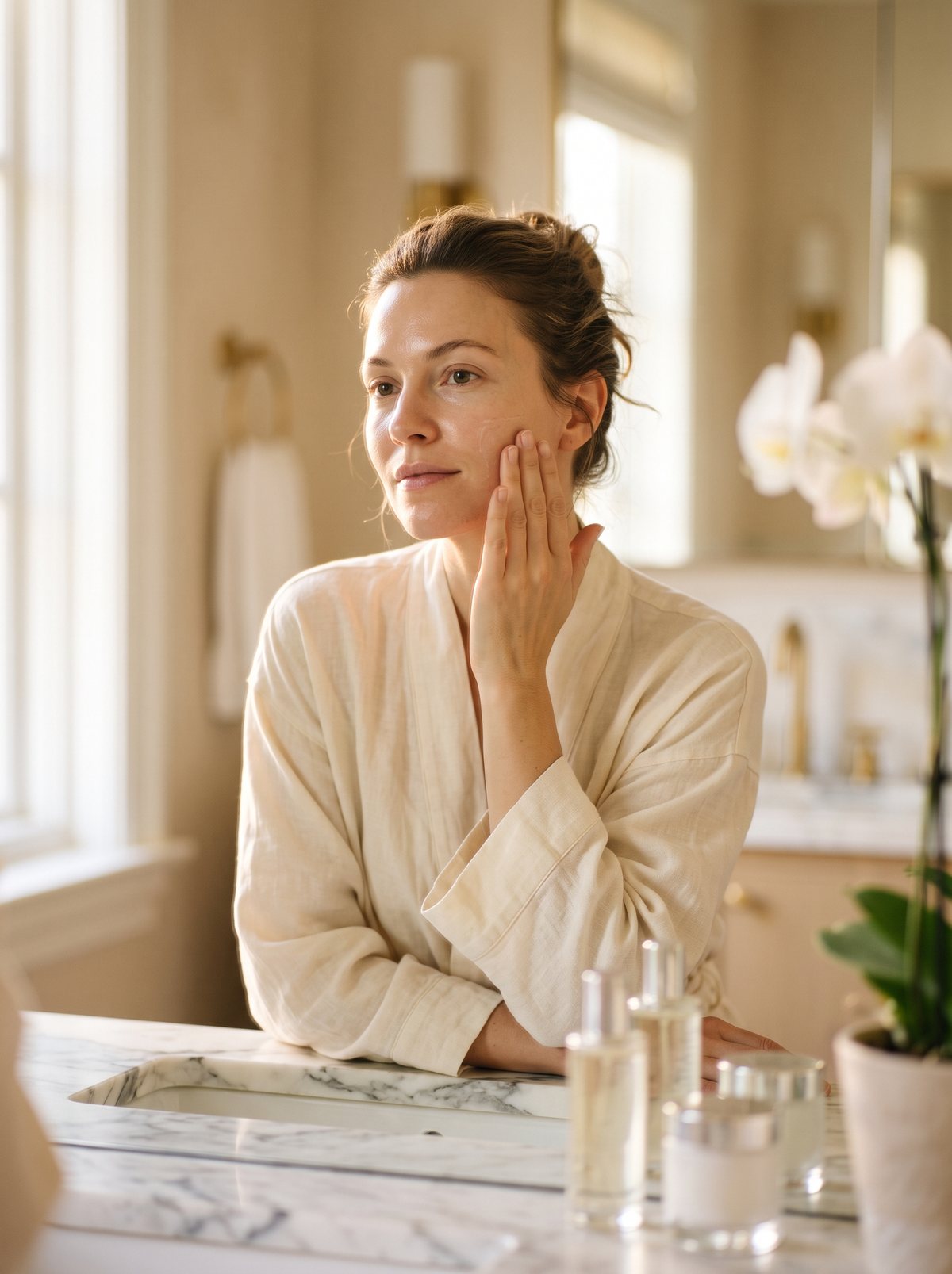 A woman applying moisturiser at a bright mirror at home