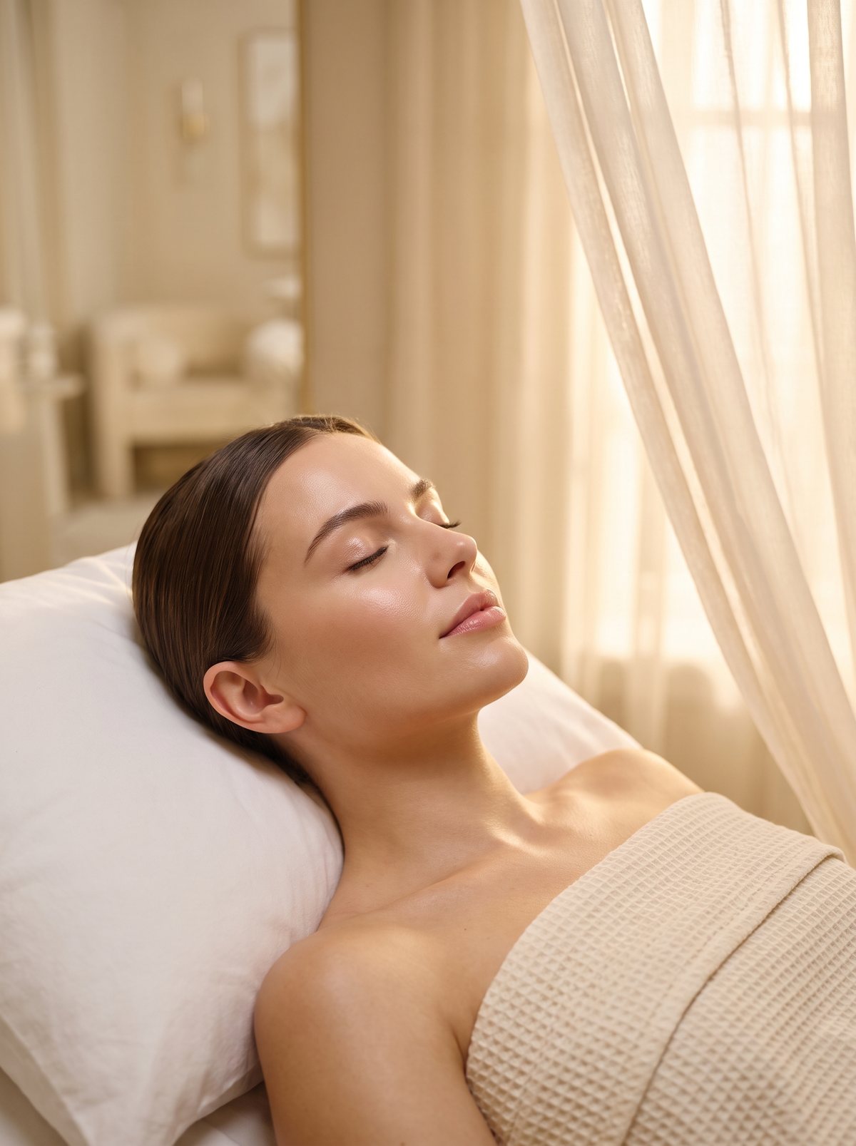 A client resting on the treatment bed after a facial