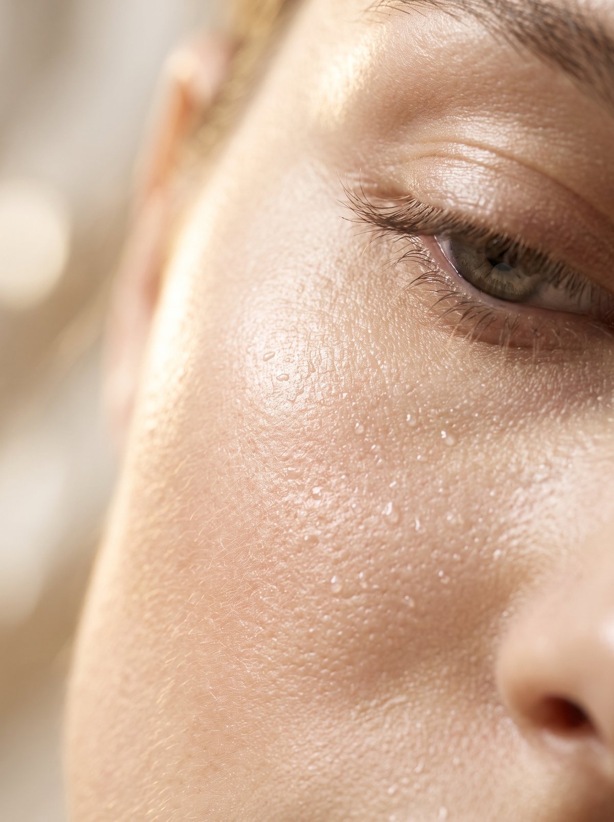 A close view of luminous, well-hydrated skin across the cheekbone